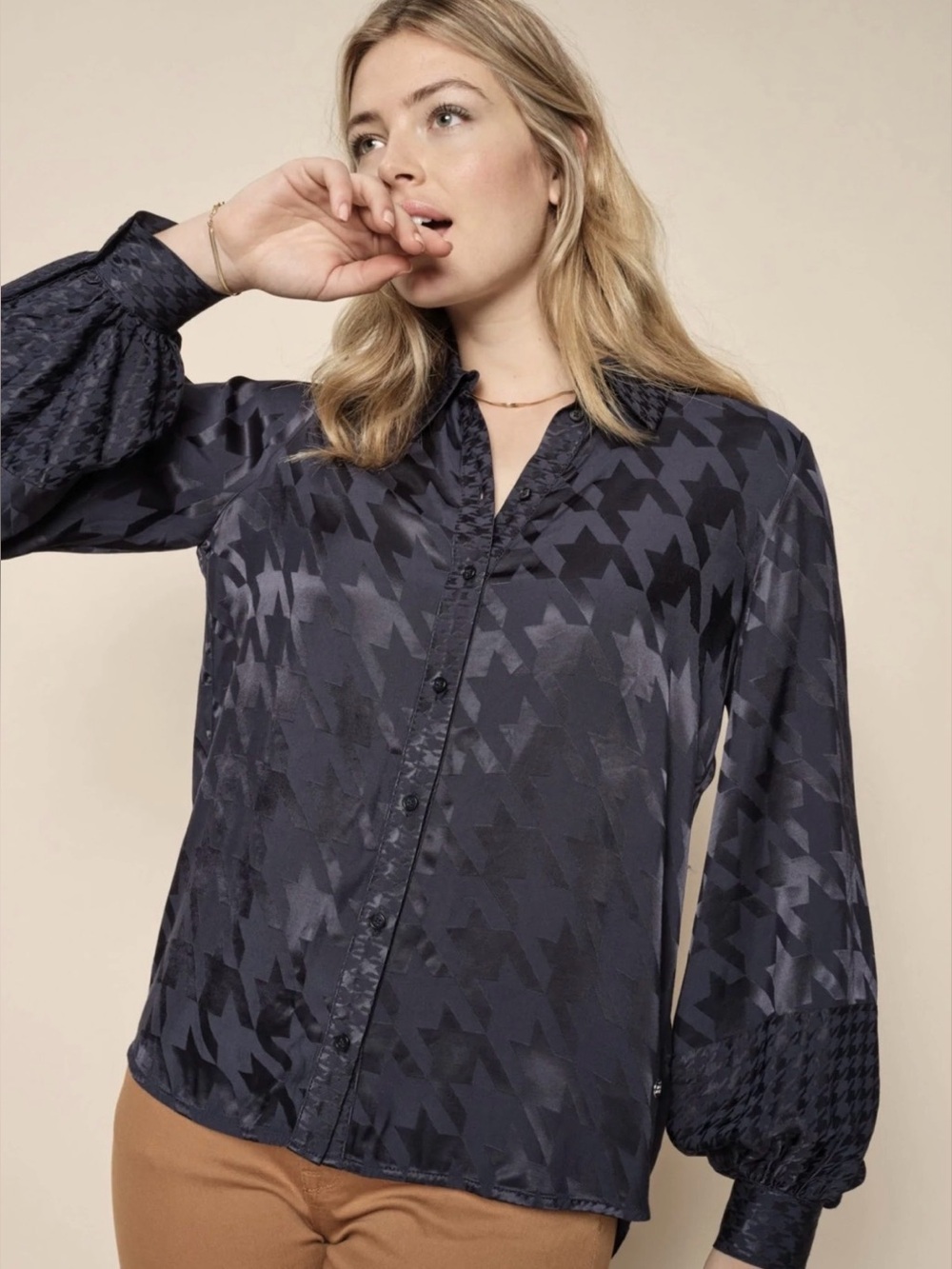 Mos Mosh - Tan Alia Shirt in Salute Navy Geometric Button-Down Blouse